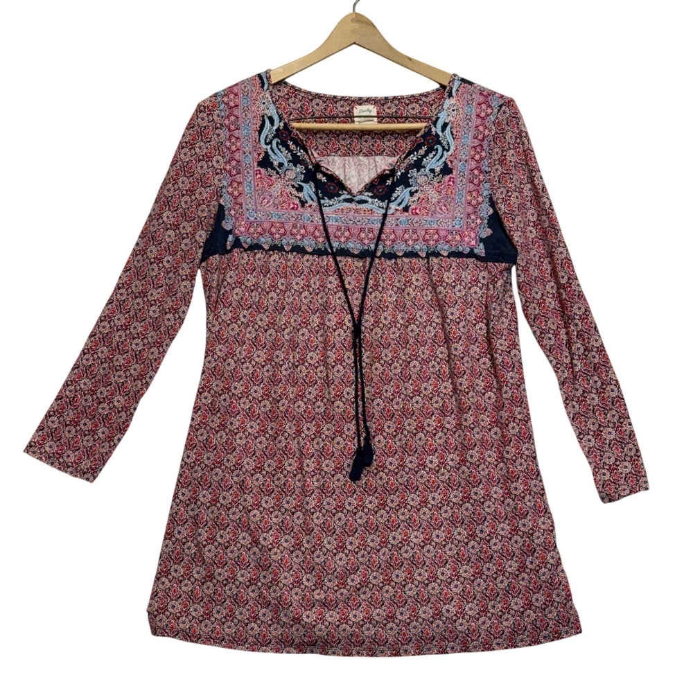 Lucky Brand Boho Floral Tassel Tie Long Sleeve Tunic Top Red Multi Womens XL